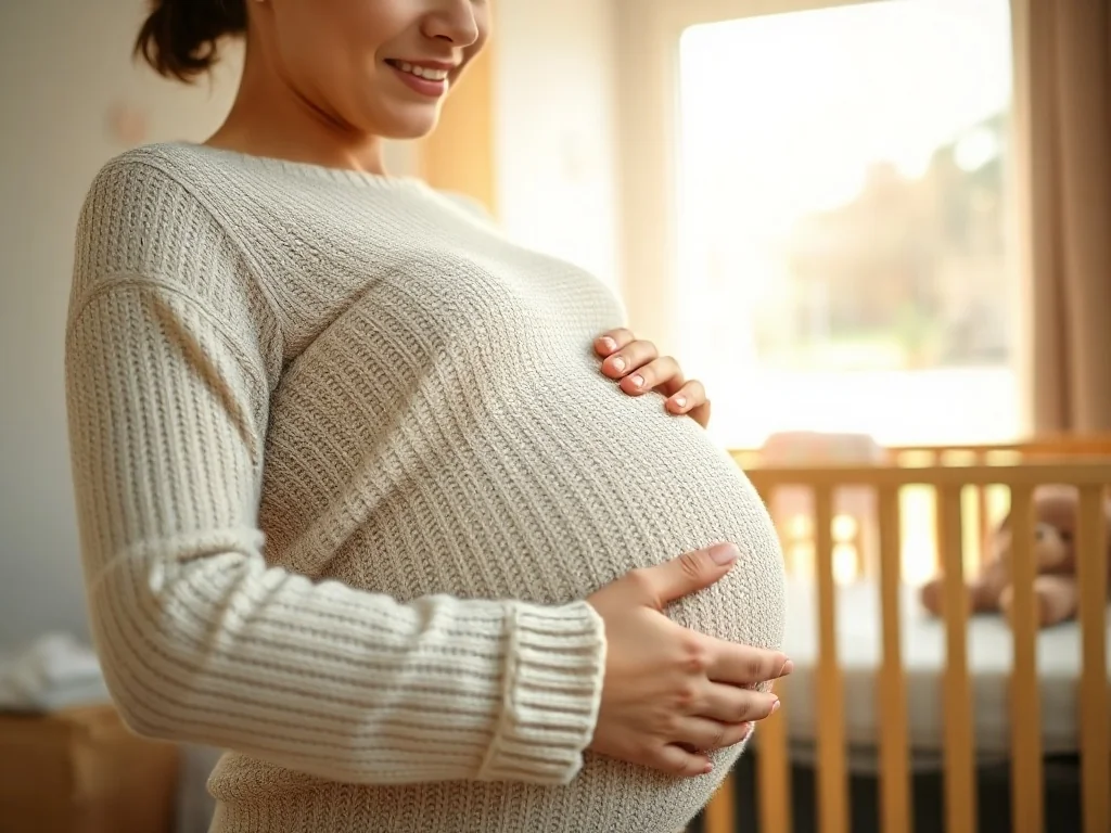Ciężarna kobieta czule dotykająca swojego brzucha w przytulnym pokoju dziecięcym.
