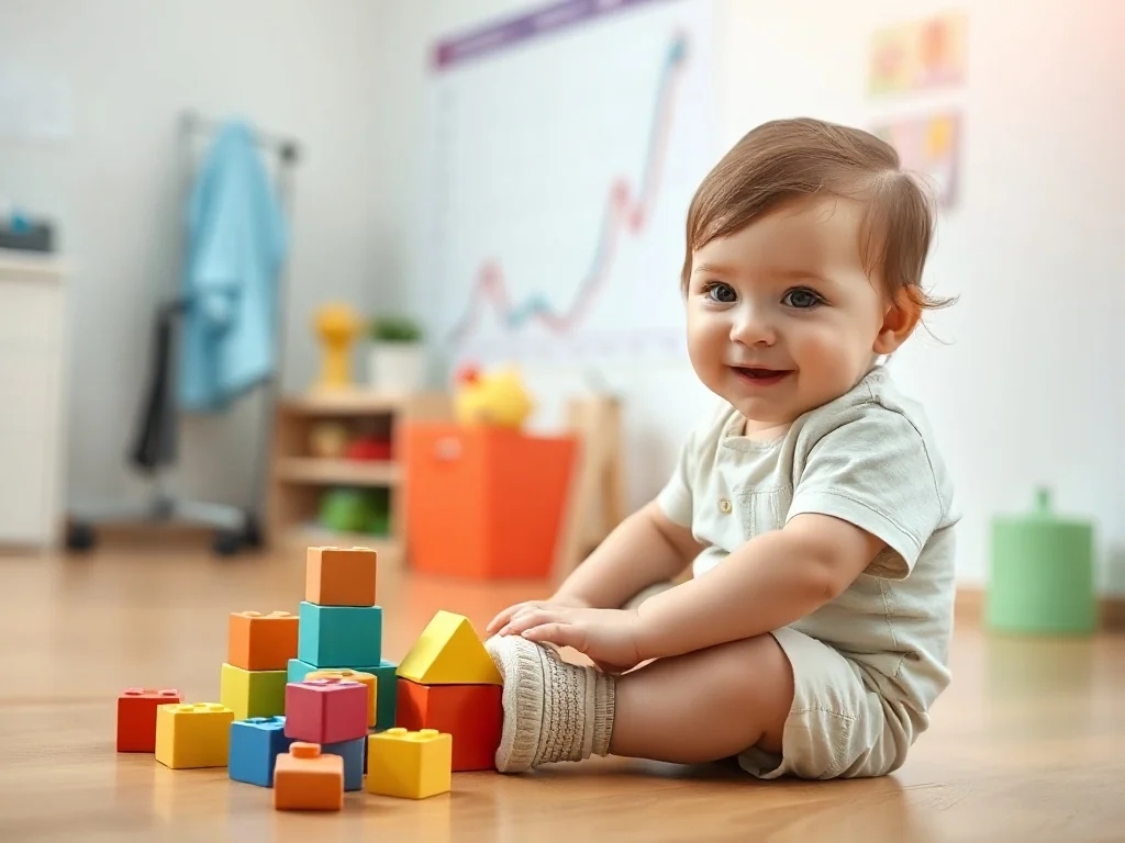 Radosne dziecko bawiące się klockami w gabinecie pediatrycznym, w tle widoczna siatka centylowa.