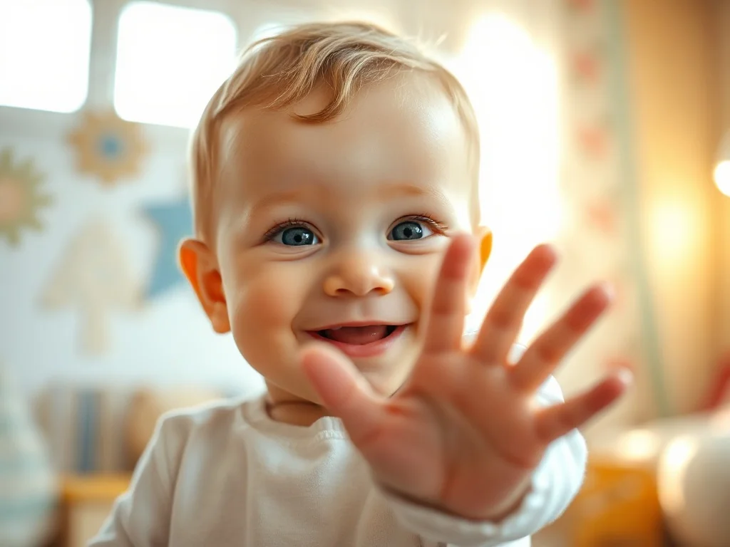 Szczęśliwe niemowlę wyciągające rączkę w geście „papa” w przytulnym, słonecznym pokoju dziecięcym.
