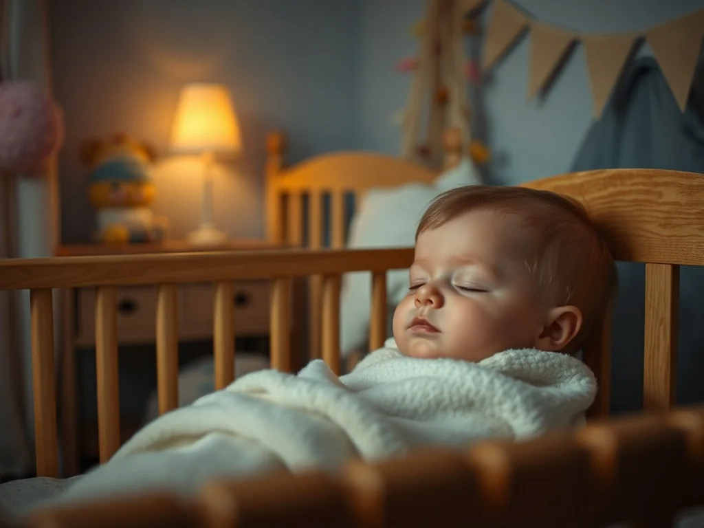 Spokojne dziecko śpiące w przytulnym łóżeczku przy delikatnym świetle lampki nocnej, tworzące atmosferę sprzyjającą zasypianiu.
