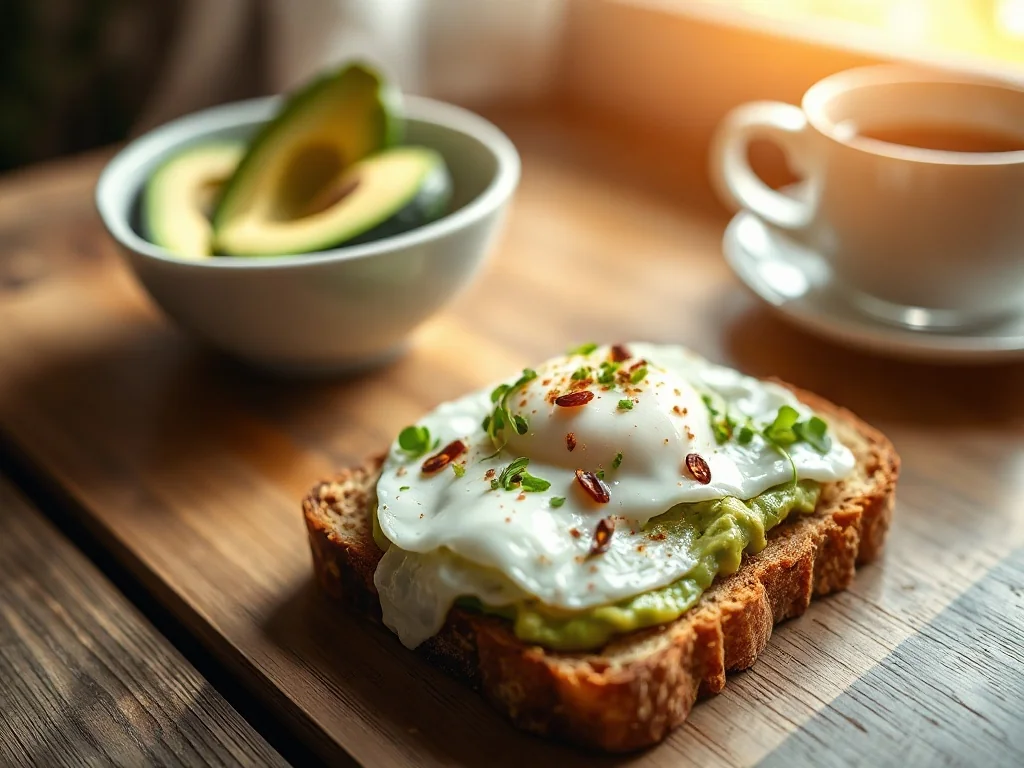 Tost z awokado, jajkiem w koszulce i przyprawami na rustykalnym stole, idealny jako pożywne śniadanie.