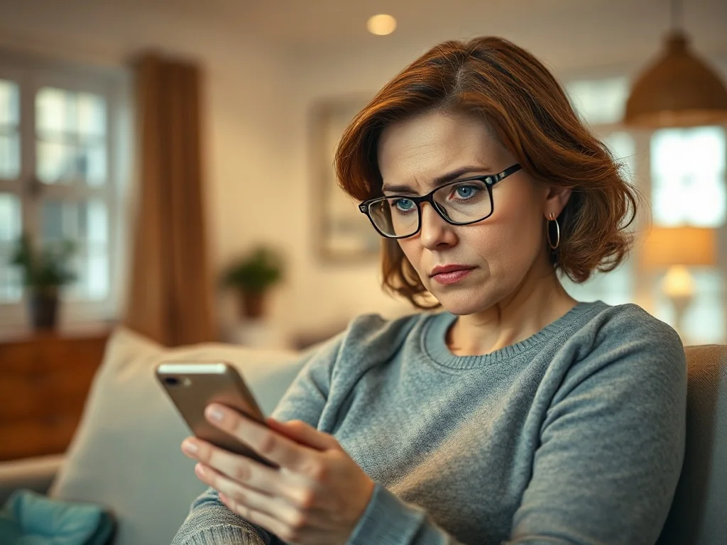 Zatroskana matka przeglądająca telefon, symbolizująca kontrolę rodzicielską i dbałość o bezpieczeństwo dziecka w sieci.