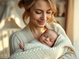 Mama delikatnie otula noworodka w miękki rożek, zapewniając mu spokój i poczucie bezpieczeństwa w przytulnym pokoju.