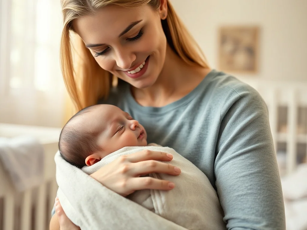 Mama delikatnie otula noworodka w miękki rożek, zapewniając mu spokój i poczucie bezpieczeństwa w przytulnym pokoju.