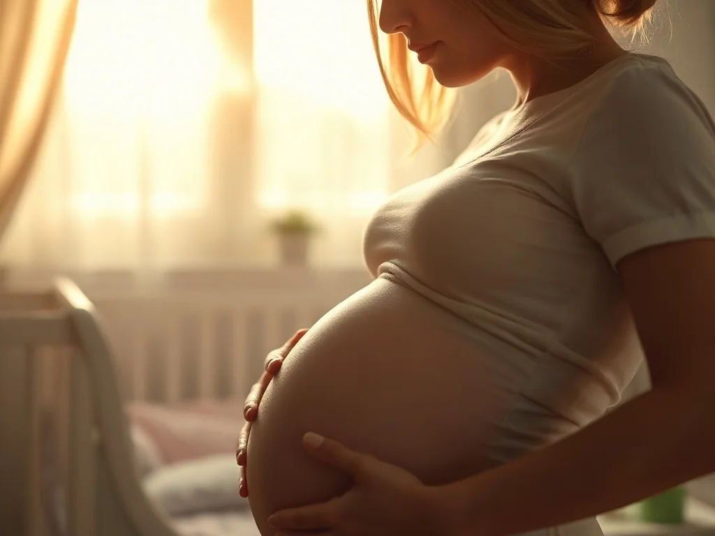 Ciężarna kobieta czule trzymająca dłonie na brzuchu w przytulnym pokoju dziecięcym, podkreślająca więź z dzieckiem.